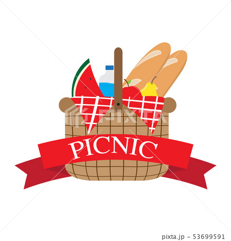 Picnic basket with water bottle, bread and fruits 53699591
