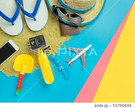 Beach Summer Vacation travel fashion on Sand blue Beach Summer Vacation travel fashion on Sand blue 53700606