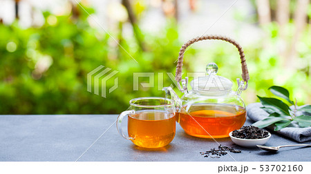 Tea in glass cup and teapot on summer outdoor background. Copy space. 53702160