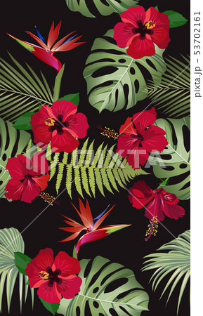 Seamless pattern tropical leaves with red hibiscus 53702161