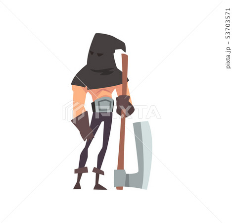 Male Executioner with Black Headwear and Axe, Medieval Historical Cartoon Character in Traditional 53703571