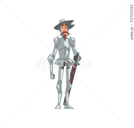 Knight in Armor Suit and Hat with Sword, Medieval Historical Cartoon Character in Traditional Knight in Armor Suit and Hat with Sword, Medieval Historical Cartoon Character in Traditional 53703582