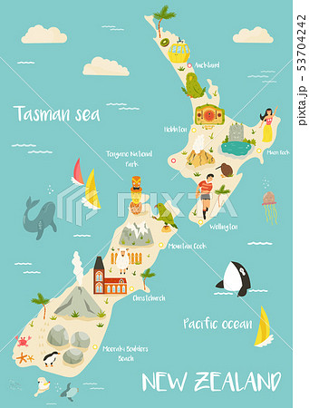 New Zealand Illustrated Map With Bright Iconsのイラスト素材