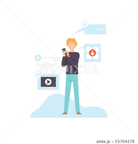 Man Using Smartphone with Mobile Phone Applications, Modern Technologies, Innovative Gadget Vector 53704276