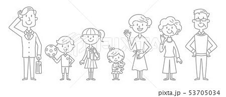 三世代家族 アウトライン モノトーン イラストのイラスト素材