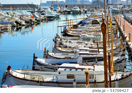 Sailing, motor boats moored seawall. Blanes, Spain Sailing, motor boats moored seawall. Blanes, Spain 53706427