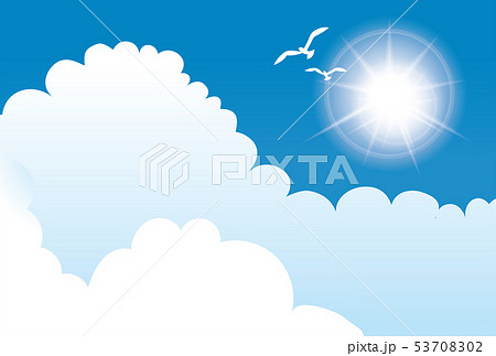 暑中お見舞いテンプレート シンプルな青空と白い雲とカモメ 夏のイメージのイラスト 背景のイラスト素材