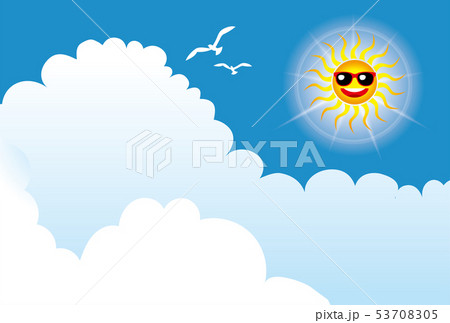暑中お見舞いテンプレート 太陽のキャラクターと青空 夏のイメージのイラスト 背景のイラスト素材
