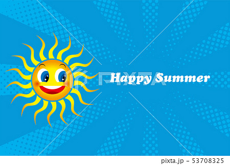 暑中お見舞いテンプレート 太陽のキャラクターと青空と椰子の木 英字 夏のイメージのイラスト 背景のイラスト素材 53708325 Pixta