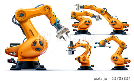 Automated orange robotic arms or industry 3d manipulator positioner Isolated on white background 53708834