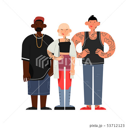 Young people of different skin color wearing unformal clothes with tattoos. Flat cartoon vector 53712123