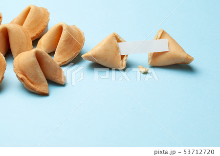 Chinese fortune cookies. Cookies with empty blank inside for prediction words. Blue background Copy 53712720