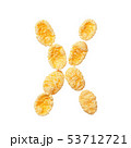 Yellow cornflakes letter X isolated on white background. Alphabet cereal flakes. 53712721