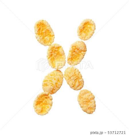 Yellow cornflakes letter X isolated on white background. Alphabet cereal flakes. Yellow cornflakes letter X isolated on white background. Alphabet cereal flakes. 53712721
