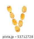 Yellow cornflakes letter V isolated on white background. Alphabet cereal flakes. 53712728