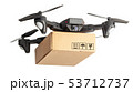 Drone with a cardboard box makes delivery by air. Drone with a camera carries postal parcel. 53712737