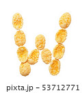 Yellow cornflakes letter W isolated on white background. Alphabet cereal flakes. 53712771