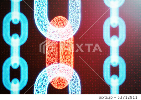3D illustration digital block chain code. Chain links network. Low polygonal grid of triangles 53712911