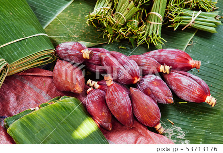 Fresh red Banana blossoms in Asian morning market Fresh red Banana blossoms in Asian morning market 53713176