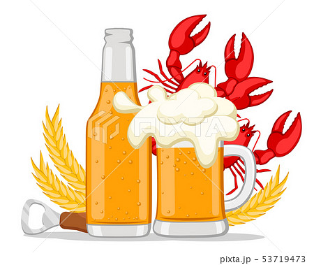 Beer in a bottle and a glass with red lobsters on 53719473