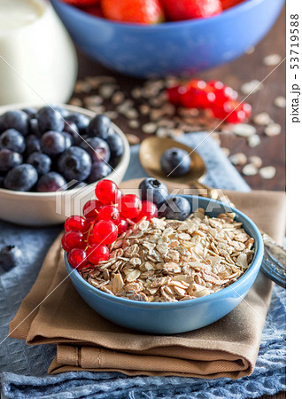 Rolled oats in a bowl with berries and milk 53719588