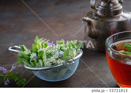 Medicinal herbs, tea infuser, herbal tea cup. 53721613