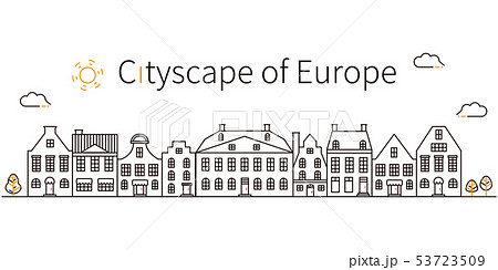 3色の線画 ヨーロッパの街並み 黒基調のイラスト素材