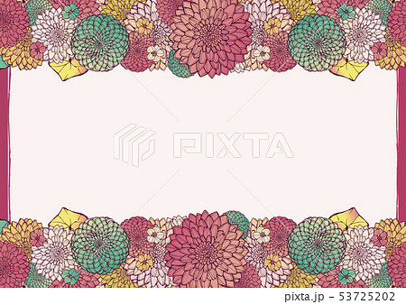 和柄の背景素材 レトロ アンティーク 和風 着物風 手書きの花柄 結婚式や年賀状のフレーム素材のイラスト素材 53725202 Pixta