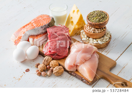 Selection of protein sources in kitchen background Selection of protein sources in kitchen background 53728484