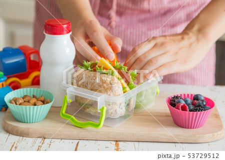 Mother making school lunch in the kitchen 53729512