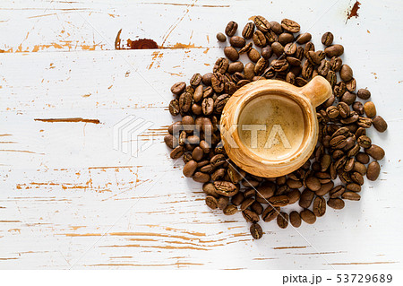 Coffee in rustic cup, copy space Coffee in rustic cup, copy space 53729689