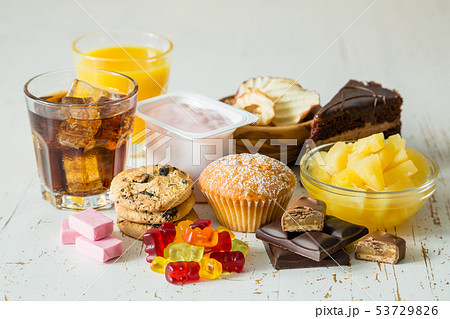 Selection of food high in sugar 53729826