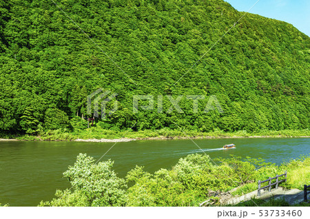 新緑とそよ風そよぐ最上川と水上観光船 53733460