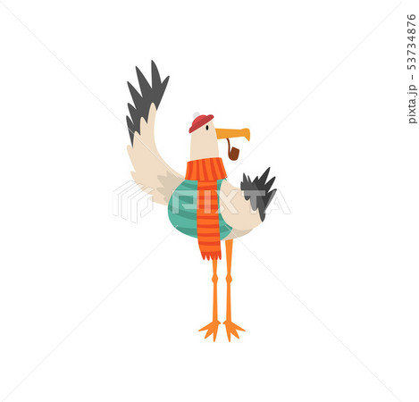 Seagull Sailor Smoking Pipe, Funny Bird Cartoon Character in Knitted Scarf and Hat Vector 53734876