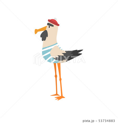 Seagull Sailor, Funny Bird Cartoon Character in Blue White Vest and Cap, Side View Vector 53734883