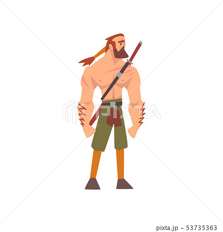 Muscular Barbarian Warrior with Sword, Medieval Historical Cartoon Character in Traditional Costume 53735363