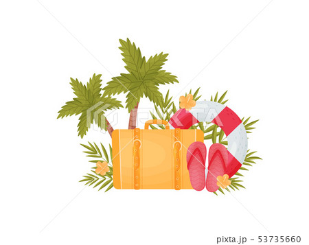 Closed yellow suitcase near the palm tree. Vector illustration on white background. Closed yellow suitcase near the palm tree. Vector illustration on white background. 53735660