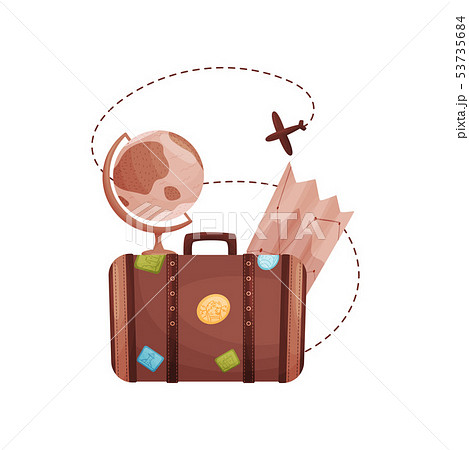 Old brown suitcase with stickers on the sides. Vector illustration on white background. 53735684
