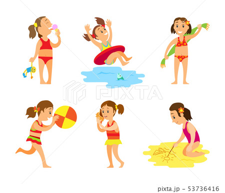 Women in Swimsuit, Summer Activity on Beach Vector Women in Swimsuit, Summer Activity on Beach Vector 53736416