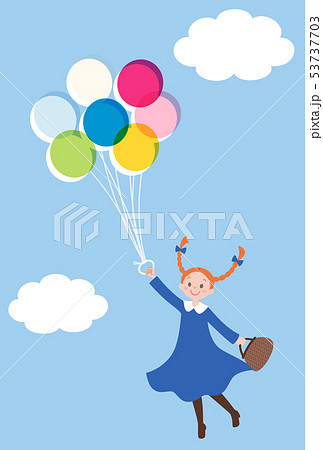 風船で空を飛ぶ女の子のイラスト素材 53737703 Pixta