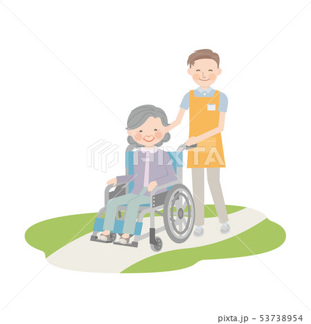 車椅子を引く男性介護士とおばあちゃんのイラスト素材