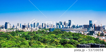 東京 新宿御苑と新国立競技場、都心部の町並み ワイド 東京 新宿御苑と新国立競技場、都心部の町並み ワイド 53739058