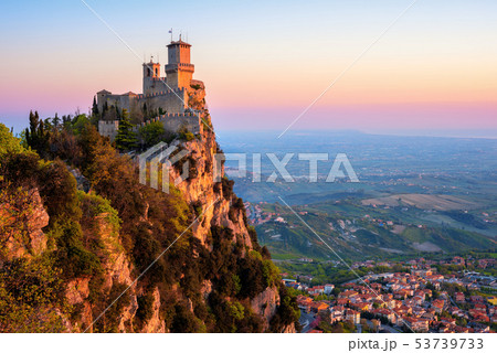 Guaita tower fortress on sunrise, San Marino 53739733