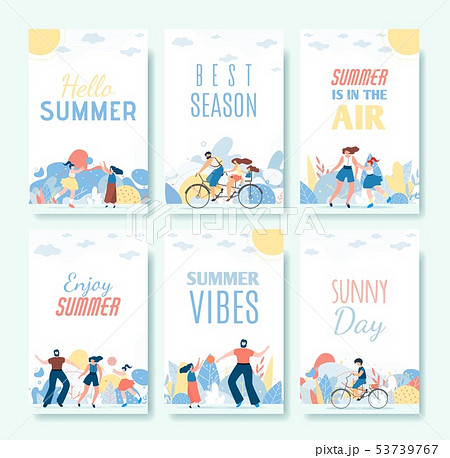 Greeting Flat Cartoon Summer Cards Set with People 53739767