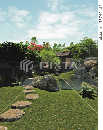 Japanese Garden with Tea House and Pond Japanese Garden with Tea House and Pond 53740185