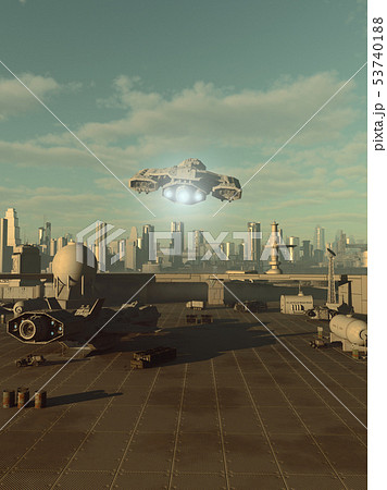 Spaceship Taking Off from a Future City Spaceport 53740188