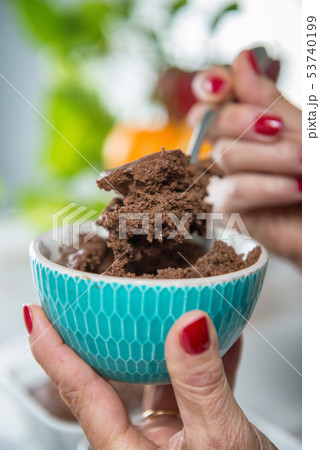 close up of dark chocolate mousse 53740199