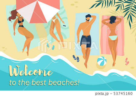 Characters Relax under Sun Umbrellas on Sea Coast 53745160