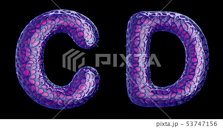 Realistic 3D letters set C, D made of purple plastic. 53747156