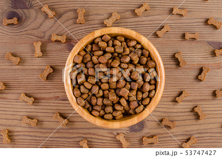 dog food in a bowl and snack like bones on wooden 53747427